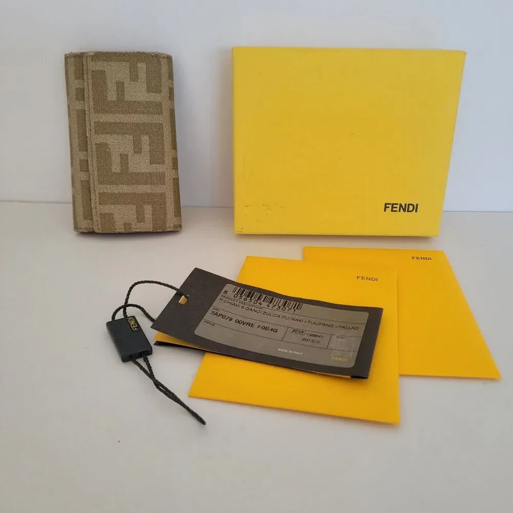 Fendi 6 Ganci Pu/Kaki Zucca Key Case Wallet Hooks Canvas Leather Wallet Folding